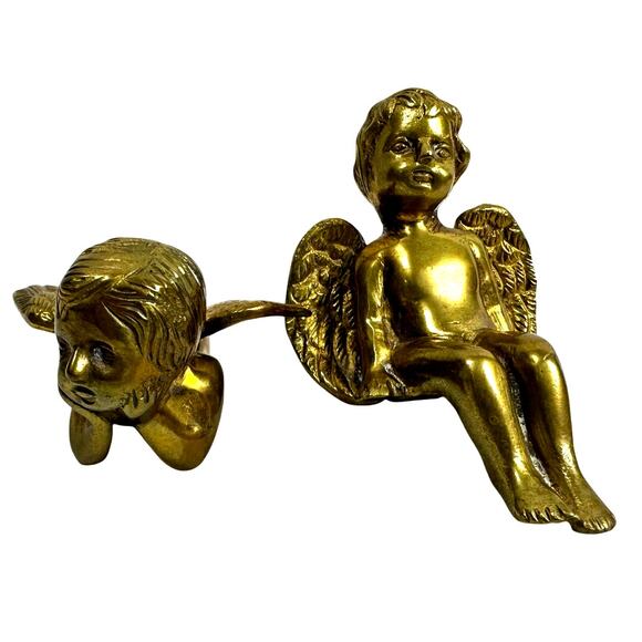 Heavy Brass Pair of Cherubs-Adorable Shelf Sitter and Reclining Styles! - Picture 2 of 7